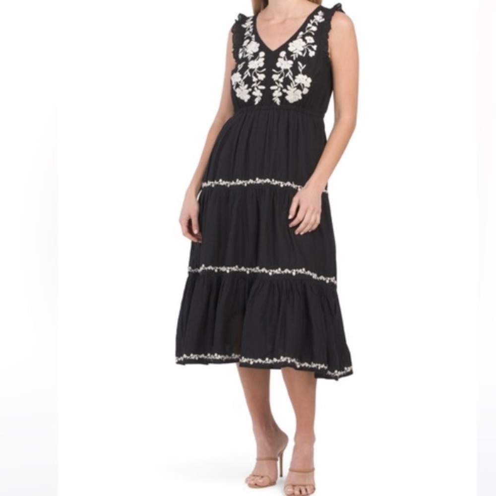 LUCKY BRAND Black White Floral Embroidered‎ Tiered Sleeveless Boho Midi Dress S
